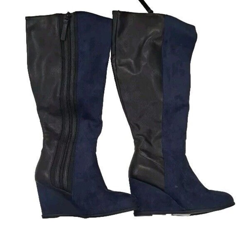 Torrid Knee High Black Blue Boots Wedge Heel Zip Vegan Leather  Size 10